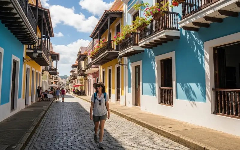 Tourist walking safely in sunny Old San Juan street, colorful buildings, relaxed atmosphere.