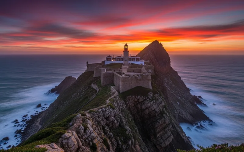 Cliffside fortress, Cape St. Vincent lighthouse, dramatic Atlantic sunset, windswept coastal drama.