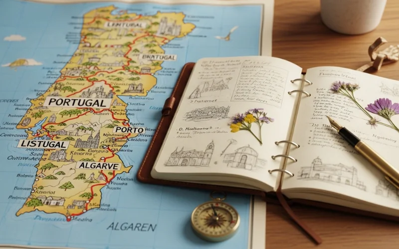 Map with route from Lisbon to Porto to Algarve, highlighted travel path.