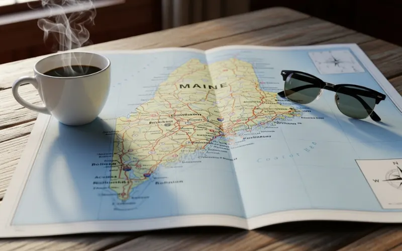 Open road map of Maine with coffee cup and sunglasses, coastal road trip planning scene