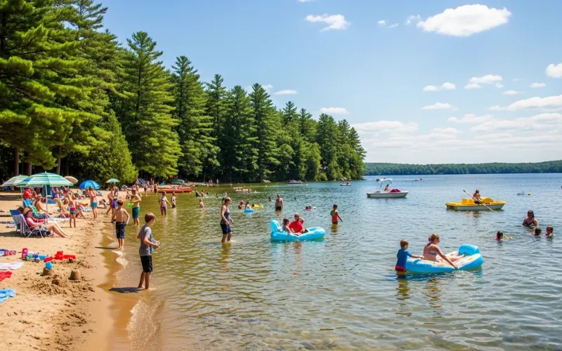 Sebago Lake sandy beach, clear freshwater, families swimming, pine forest backdrop