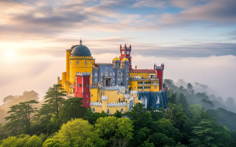 Colorful Pena Palace on misty hilltop, lush forest surroundings, romantic fantasy atmosphere.