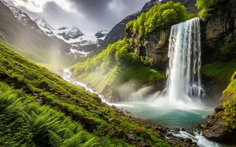 Mountain waterfall flowing from snowmelt, fresh greenery, dramatic clouds.