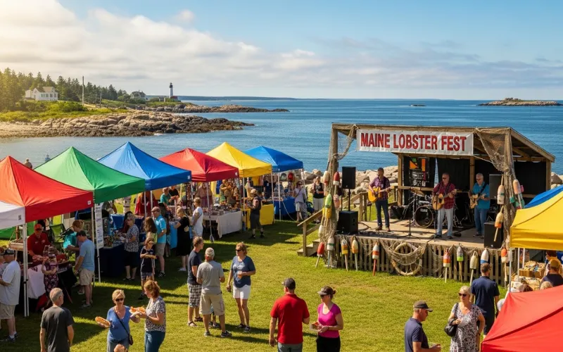 Maine summer festival scene, lobster rolls, live music stage, colorful tents