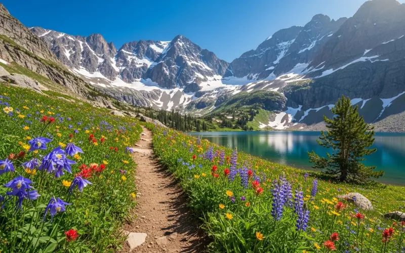 “Colorado hiking trail with wildflowers, blue sky, alpine lake, sunny mountain day.