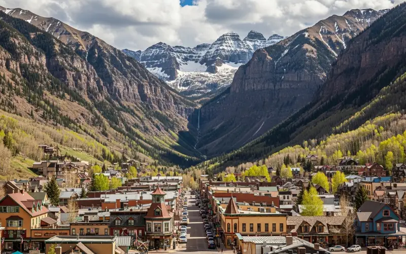 Telluride mountain town in box canyon, colorful historic buildings, dramatic 13,000-foot peaks backdrop.
