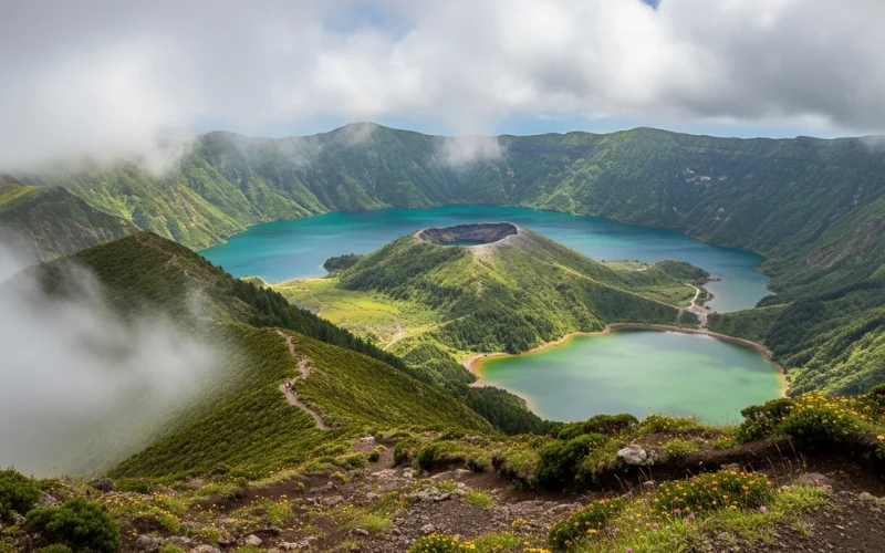 Sete Cidades twin lakes (green and blue), volcanic crater view, misty hiking trail.