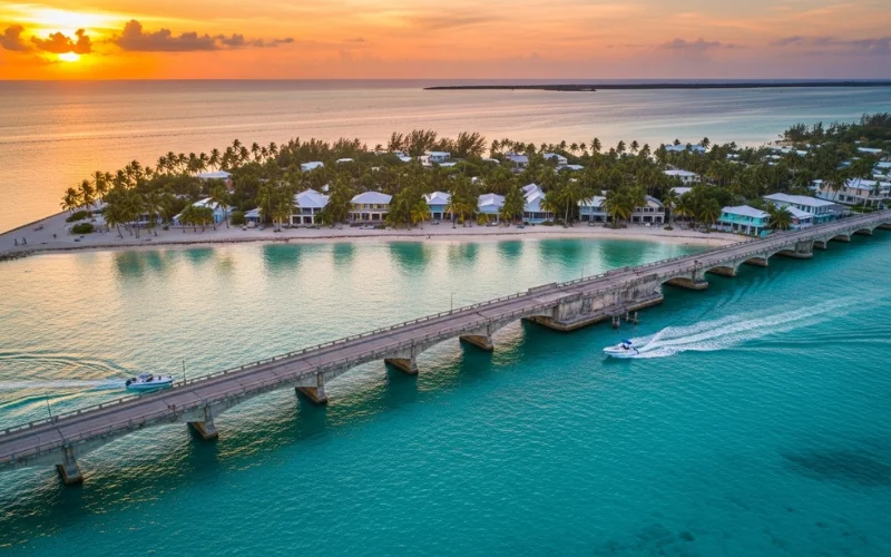Aerial drone-style photograph of the Florida Keys turquoise waters.