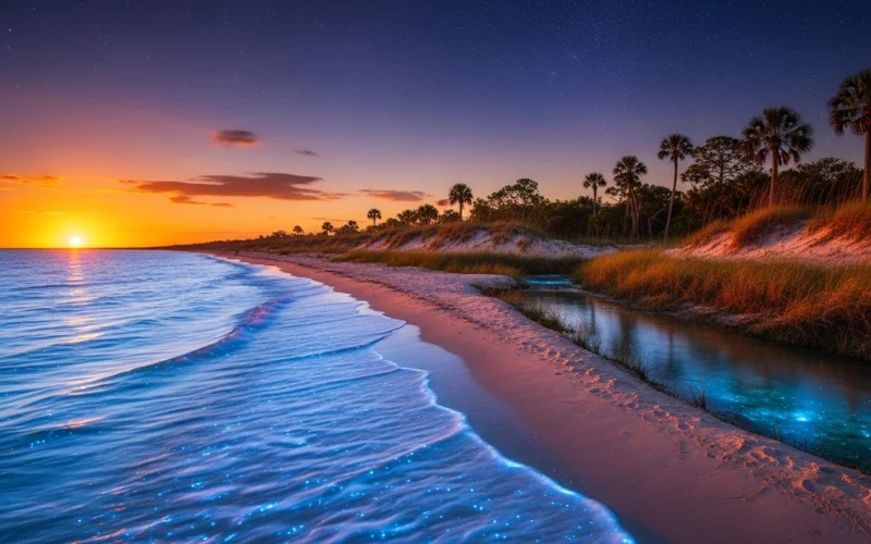Epic composite Florida landscape at sunset combining glowing bioluminescent water.