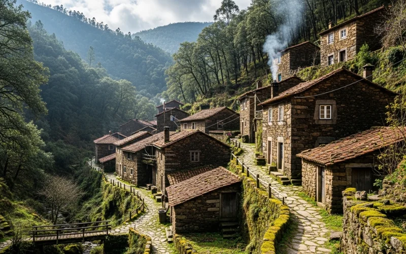 Dark stone mountain houses, forested hills, narrow rustic paths.