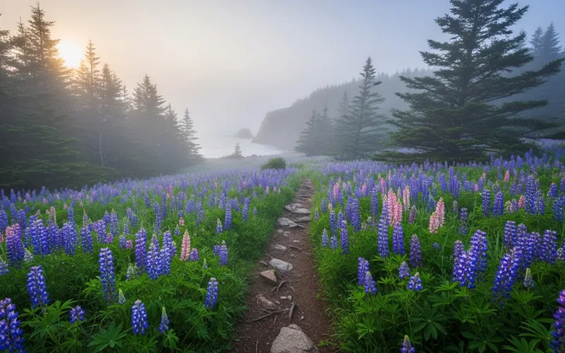 Acadia National Park hiking trail, blooming lupines, misty morning, cool