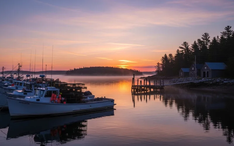 Quiet Maine harbor at sunrise, lobster boats docked, soft pastel sky, peaceful