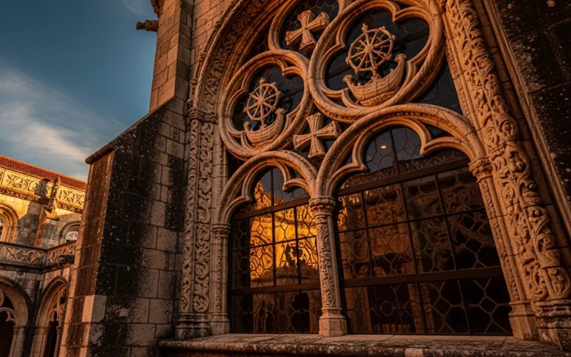 Convento de Cristo ornate Manueline window, historic cloisters, Knights Templar architecture.