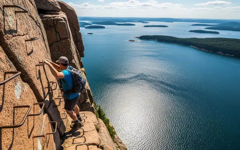 Beehive Trail iron rungs, cliffside hiking view, ocean below
