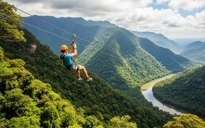 Person ziplining high above green mountains, panoramic jungle valley view.