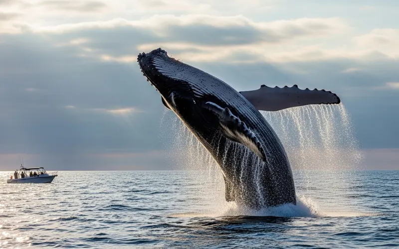 Whale breaching off Maine coast, tour boat in distance, deep blue ocean