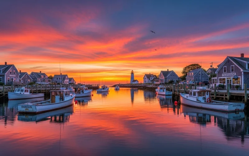 Maine harbor at sunset, lobster boats, glowing sky, calm water reflections
