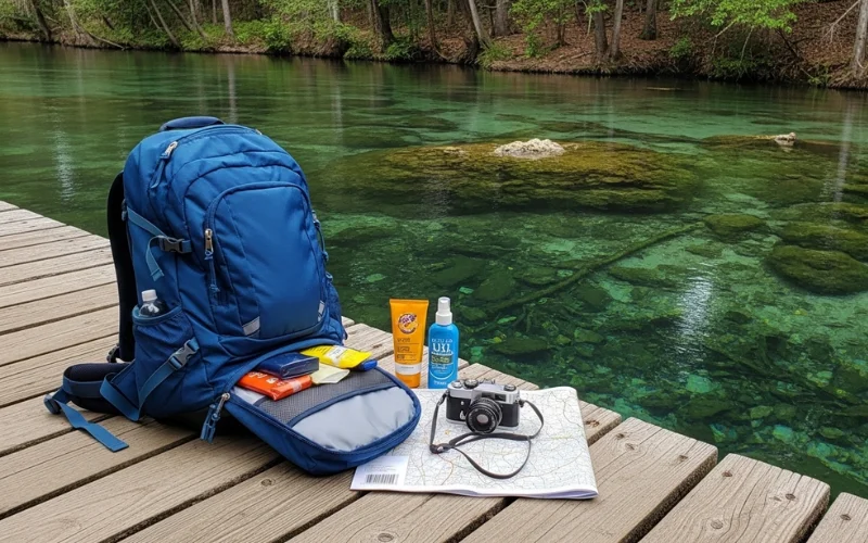 Travel preparation scene showing a backpack with sunscreen, bug spray, camera, and map spread.