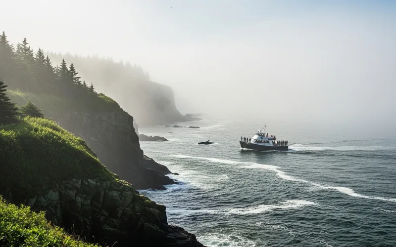 Maine coastline with fog rolling in, whale watching boat offshore