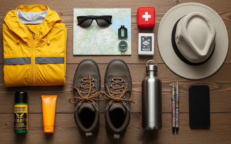 Travel flat lay on wooden table, hiking boots, rain jacket, bug spray, sunscreen, reusable water bottle