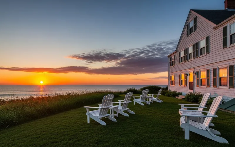 Coastal Maine inn overlooking ocean, white clapboard building, Adirondack chairs, sunset sky