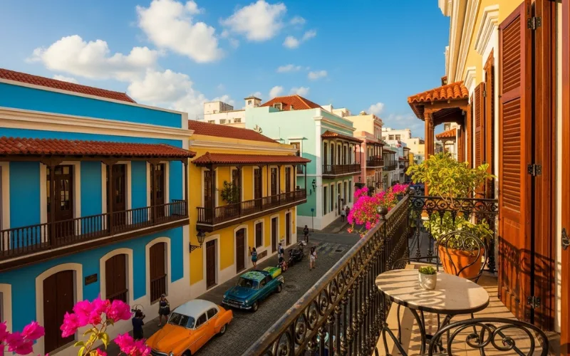 Boutique hotel balcony in Old San Juan overlooking colorful colonial street.