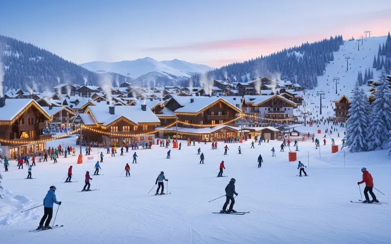 Snow-covered ski resort village, skiers on slope, cozy mountain atmosphere.