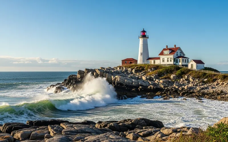 Nubble Lighthouse in York Maine, perched on rocky island, ocean waves, blue sky