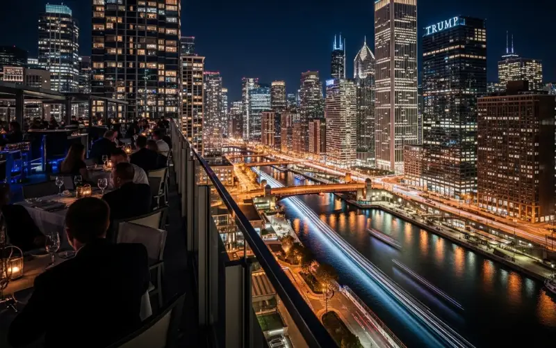Chicago skyline at night, city lights reflecting on Chicago River, rooftop bar perspective, cinematic night photography, people dining on rooftop, ultra realistic, 4K
