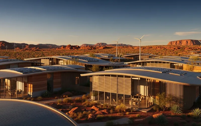 Futuristic desert architecture in Arizona high desert, minimalist eco structures, warm golden sunlight