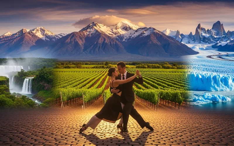 Expansive panoramic scene blending Argentina’s diverse landscapes subtropical Iguazu jungle.