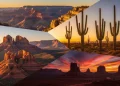 Cinematic Arizona landscape collage featuring Grand Canyon cliffs at sunrise, Sedona red rocks, saguaro cactus desert, Monument Valley buttes, vibrant sunset sky