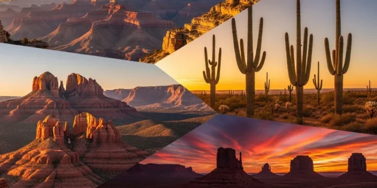 Cinematic Arizona landscape collage featuring Grand Canyon cliffs at sunrise, Sedona red rocks, saguaro cactus desert, Monument Valley buttes, vibrant sunset sky