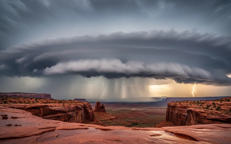 Desert monsoon storm rolling over red rock canyon with lightning in distance, dramatic sky