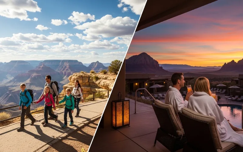 Split scene image: left side family walking paved Grand Canyon rim trail, right side couple at desert luxury resort