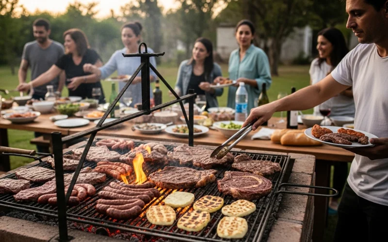 Traditional Argentine asado grill with steaks, chorizo, provoleta cheese melting over open flame.