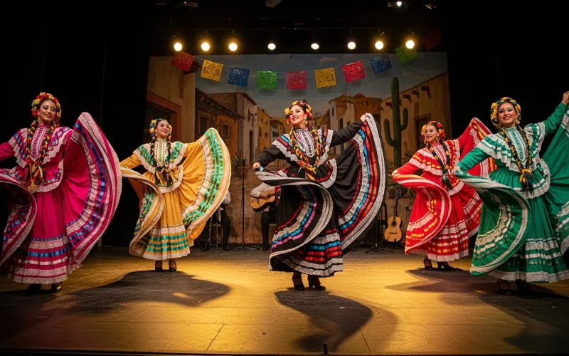 Traditional Mexican folklórico dancers wearing colorful dresses performing on stage.