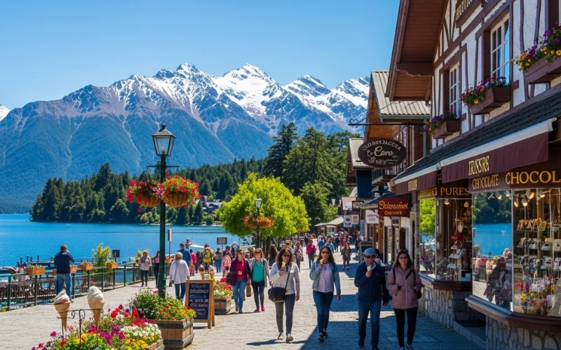Lago Nahuel Huapi with Swiss-style architecture town, snow-capped Andes behind.