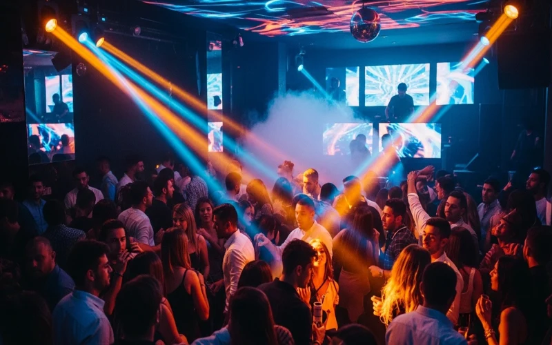 Crowded Mexico City nightclub dance floor with colorful lights and energetic nightlife atmosphere.