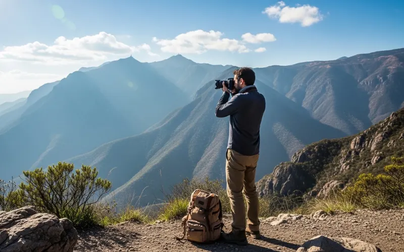 Traveler standing at scenic viewpoint overlooking mountains near Mexico City, holding camera and backpack, bright daylight