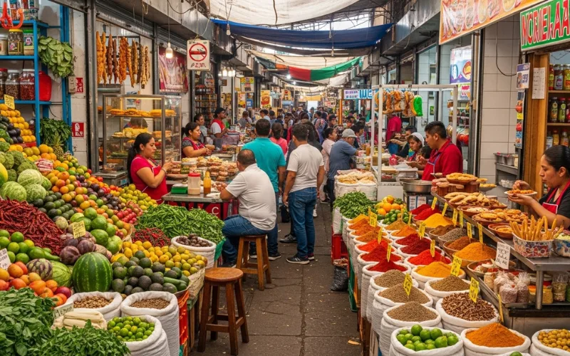 Traditional Mexican food market with colorful produce, spices 