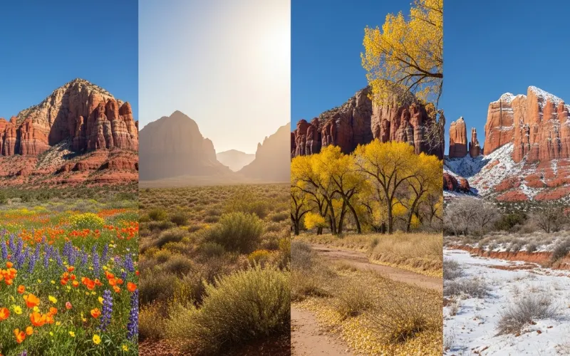 Arizona desert and red rock landscape transitioning through seasons, blooming wildflowers in spring, golden fall tones, clear blue sky