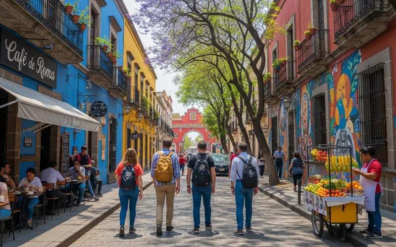 Group of travelers walking through colorful Mexico City neighborhood street with colonial buildings