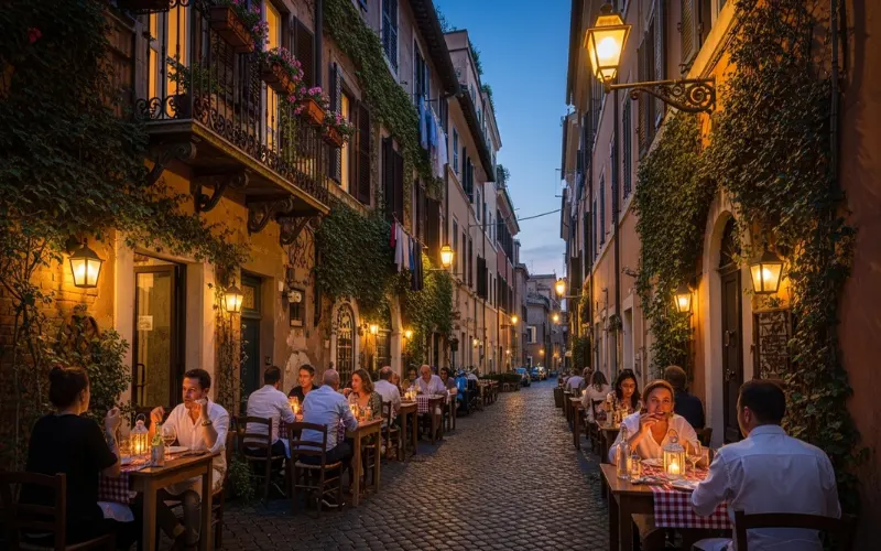 Narrow cobblestone Roman street with ivy-covered buildings, warm evening lights, locals dining 