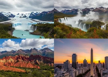 Cinematic wide-angle view of Argentina collage landscape Perito Moreno Glacier calving into turquoise lake