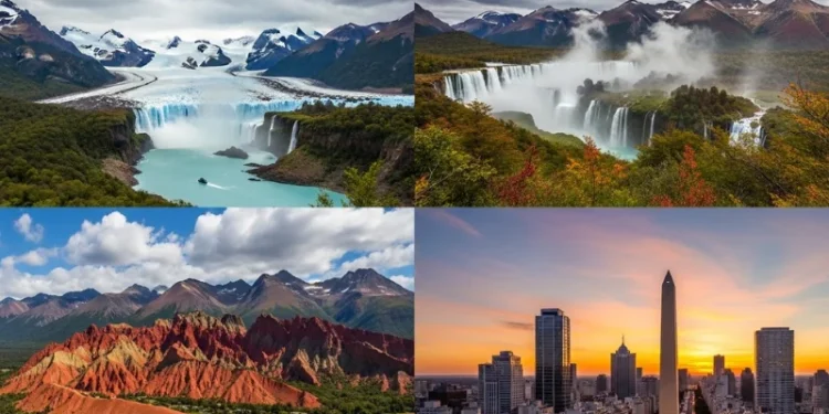 Cinematic wide-angle view of Argentina collage landscape Perito Moreno Glacier calving into turquoise lake
