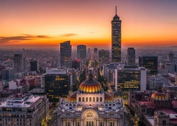 Aerial view of Mexico City skyline with Palacio de Bellas Artes and Torre Latinoamericana at sunset, vibrant city lights