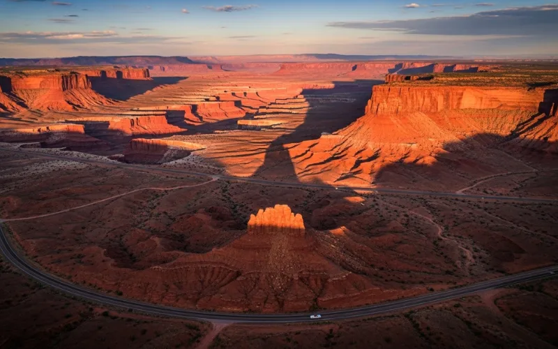 Aerial view of northern Arizona canyon country, deep red cliffs, winding desert highways
