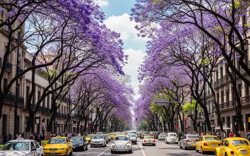 Jacaranda trees blooming purple along Mexico City boulevard during spring season.