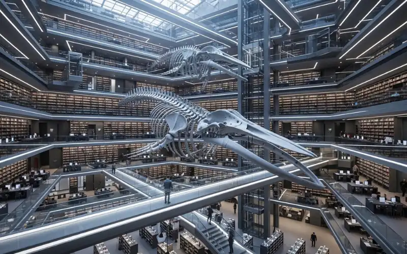 Futuristic interior of Biblioteca Vasconcelos with floating bookshelves
